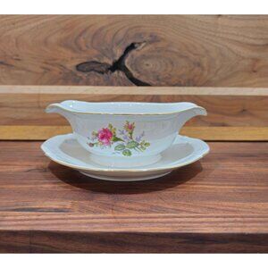 Thames Porcelain China "Moss Rose" Round Gravy Boat with Attached Plate